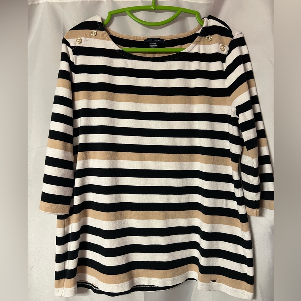 Striped Tommy Hilfiger Black, White and Tan Women's Top XXL